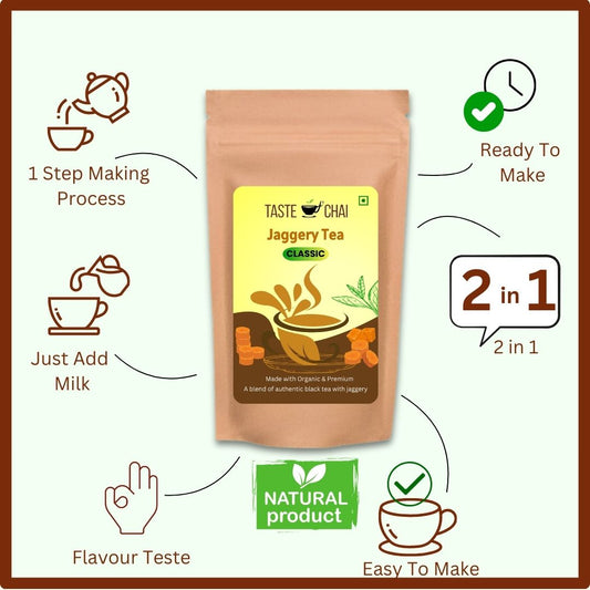 Classic Jaggery Tea Blend – Natural Sweetness & Rich Flavor | No Added Sugar | 2 in 1 Instant Tea Premix with Jaggery & Assam Tea