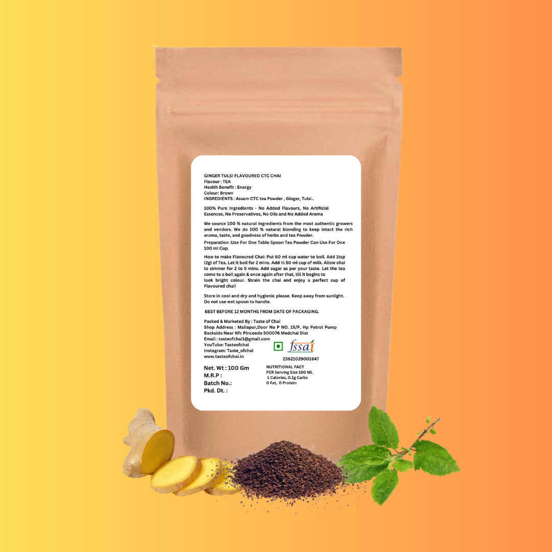Ginger Tulsi Tea | Natural Ginger Tulsi Flavoured Chai Tea Powder | Taste of chai